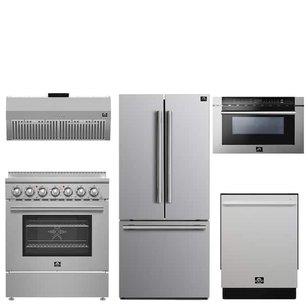 5 Pc: Range, French Door Refrigerator, 24 in. Built-In Tall Tub Dishwasher, Microwave Drawer, Range Hood Stainless Steel