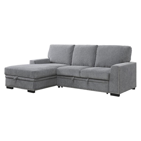 Lazzara Driggs 96 in. Straight Arm 2-piece Chenille Sectional Sofa in Gray with Pull-out Bed and Left Chaise
