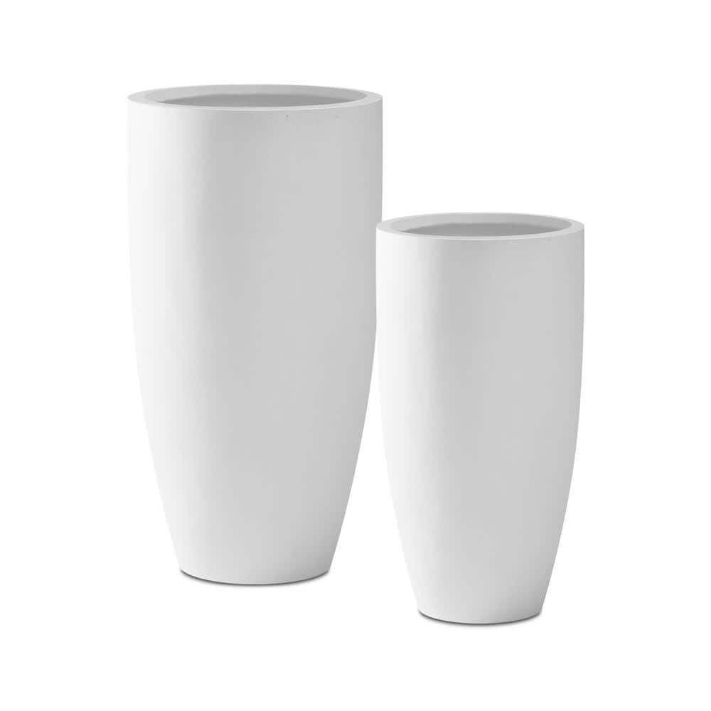 KANTE 13.39 in. x 23.62 in. Round Pure White Lightweight Concrete and Fiberglass Planters with Drainage Holes (Set of 2)