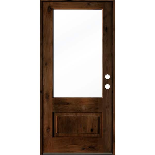 Krosswood Doors 36 in. x 80 in. Farmhouse Knotty Alder Left-Hand/Inswing 3/4 Lite Clear Glass Provincial Stain Wood Prehung Front Door