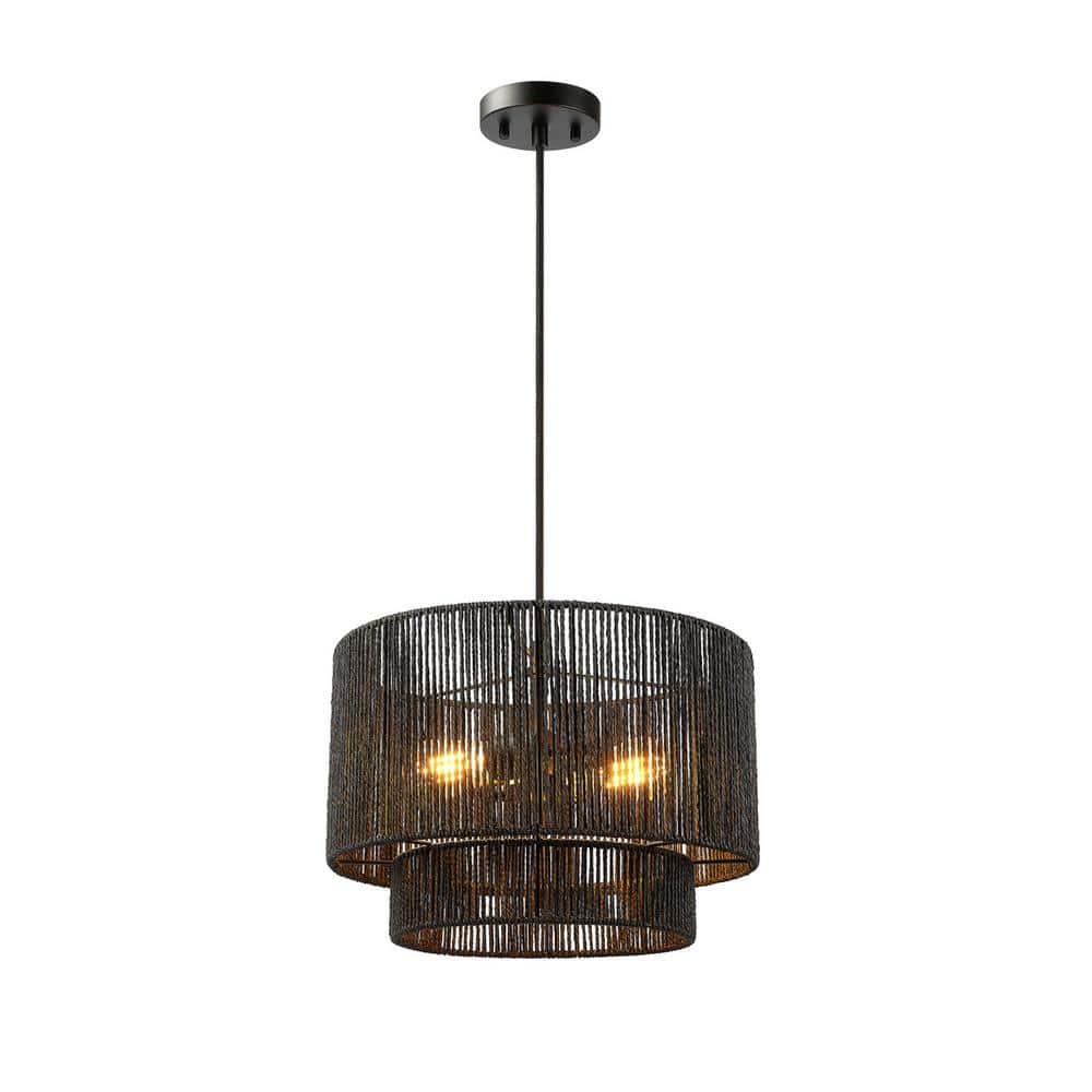 Matte Black Metal Drum Pendant Light with Paper Shade