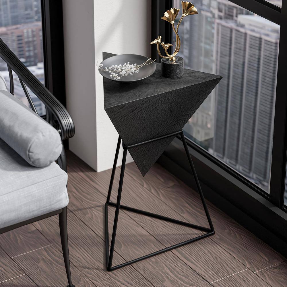 Modern 15.55 in. Black Triangle Wood End Table with Wooden Top and Metal Base