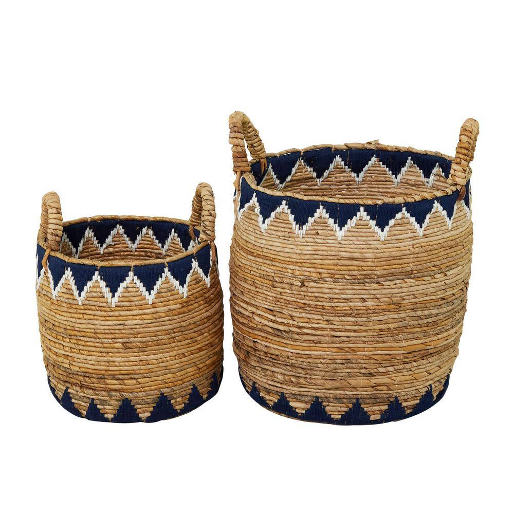 Natural Brown and Blue Wicker Round Storage Baskets with Handles