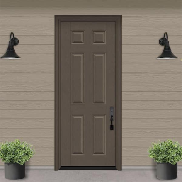 Regency 36 in. x 96 in. 6 Panel LHIS Ashwood Stain Mahogany Fiberglass Prehung Front Door with 4-9/16 Jamb