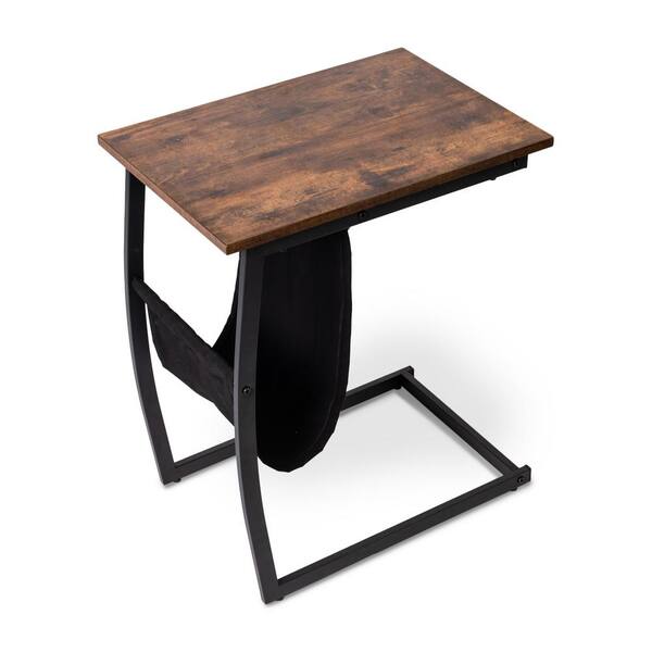 GOOD & GRACIOUS Industrial Rustic Brown Side Table with Sturdy Metal Frame, C Shaped with Storage Holder,24 inches High