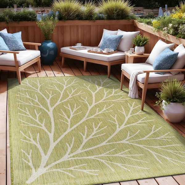 Flora Olive 10 ft. x 14 ft. Coral Branch Washable Indoor Outdoor Area Rug