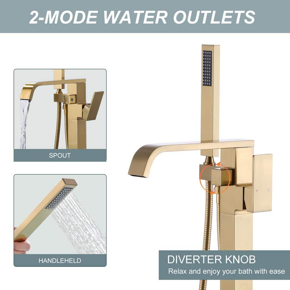 Gold Single Handle Floor Mounted Tub Filler with Handshower