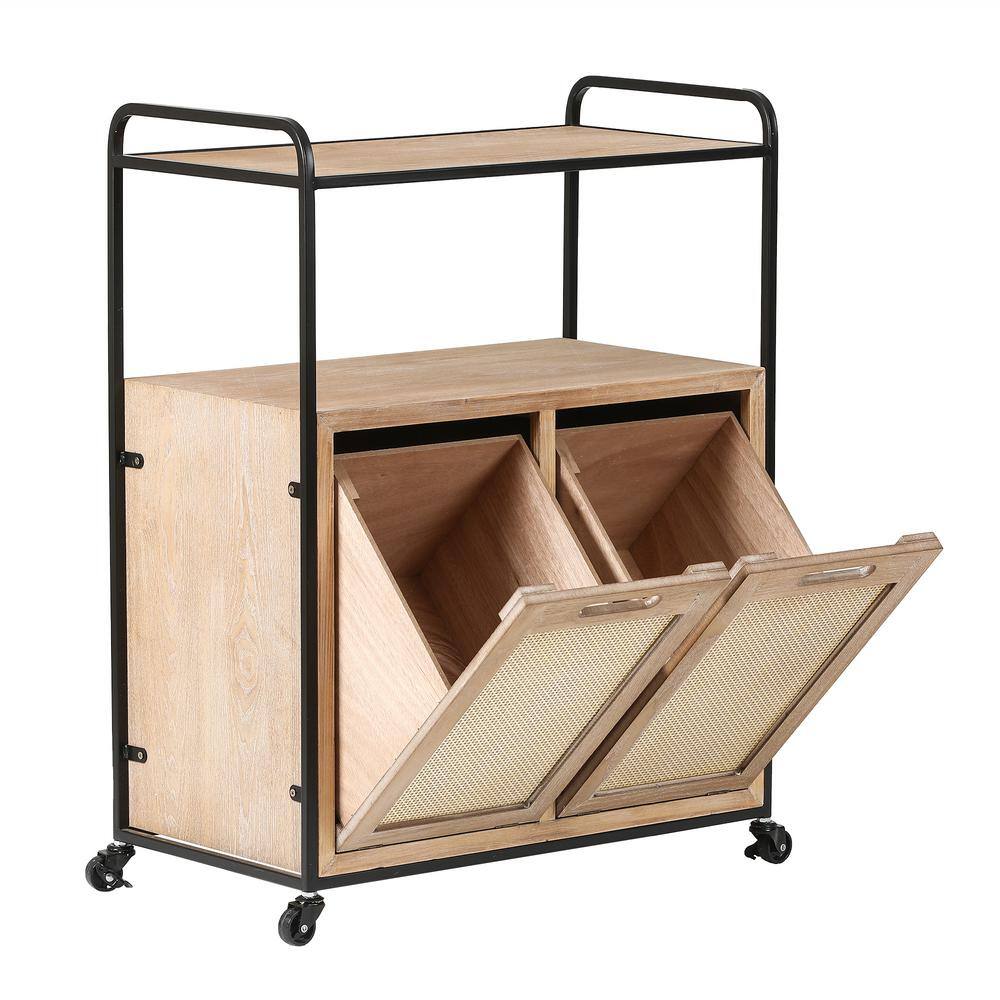 Natural Wood and Rattan Mobile Storage Cart with Wheels