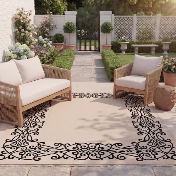 Courtyard Sand/Black 8 ft. x 11 ft. Border Indoor/Outdoor Patio  Area Rug