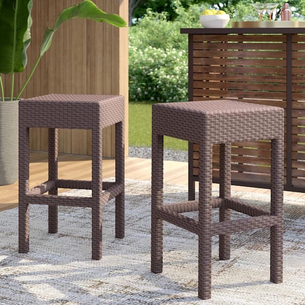 Unbranded Dark Brown All-Weather Wicker Outdoor Bar Stools, Patio PE Rattan Backless Dining Chairs (2-Pack)