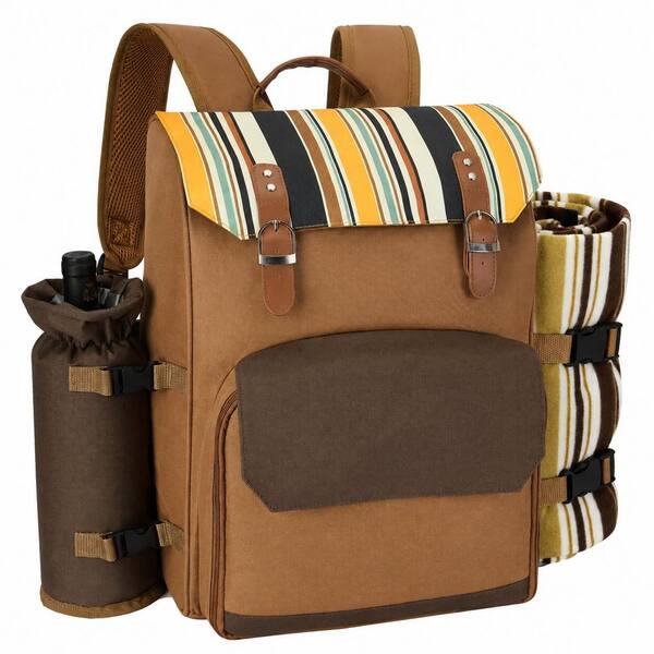 Caramel Brown Picnic Backpack Set for 2 to 3 People with Blanket, Wine Holder, Cutlery, Plates and Napkins