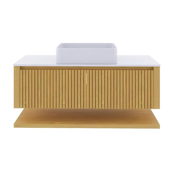 48 in. Wall-Mounted Light Oak Bath Vanity with White Sintered Stone Top