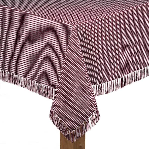 Homespun Fringed 60 in. x 120 in. Wine Checkered 100% Cotton Tablecloth