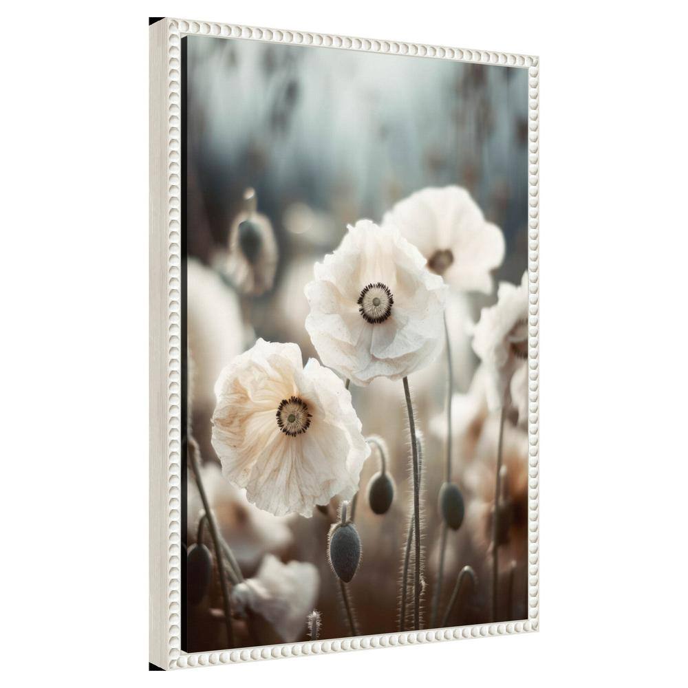 White Poppy Field Beaded Framed Canvas Wall Art