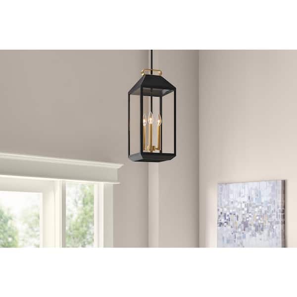 Hampton Bay Henwick 9 in. W 3-Light Lantern Pendant Light Matte Black Finish Clear Glass