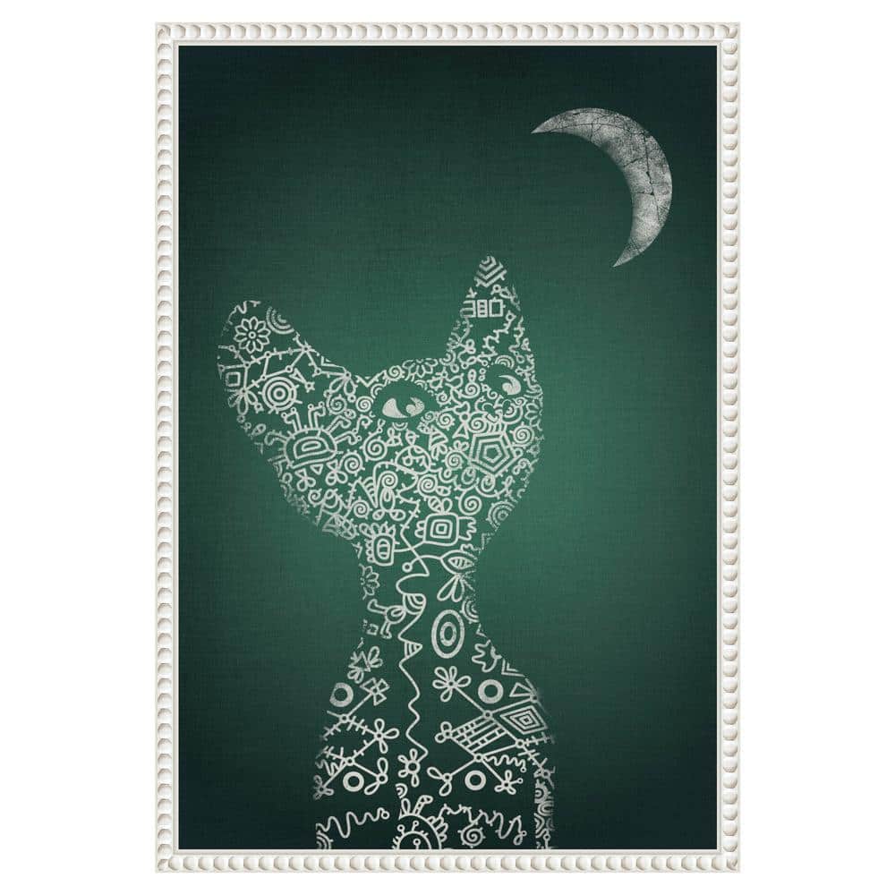 Abstract Cat and Moon Green Canvas Framed Wall Art