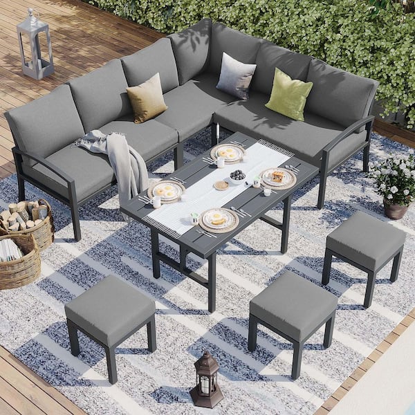 7-Piece Black Aluminum Outdoor Dining Set with Gray Cushions and 1-Dining Table