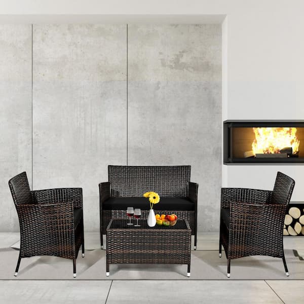 4-Piece Wicker Patio Conversation Set Outdoor Rattan Furniture Set with Black Cushions