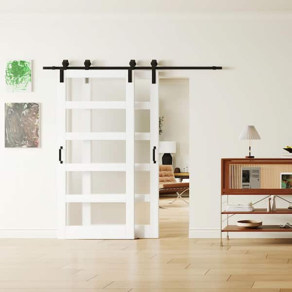 84 in. x 84 in. Frosted Glass, Double 5-Lites, White, MDF, Painted, Bypass Style, Sliding Barn Door with Hardware Kit