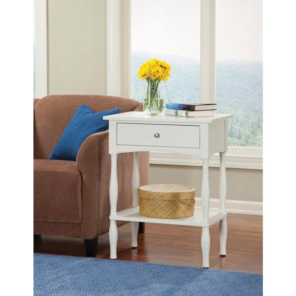 Cottage Ivory Wood End Table with Drawer and Shelf