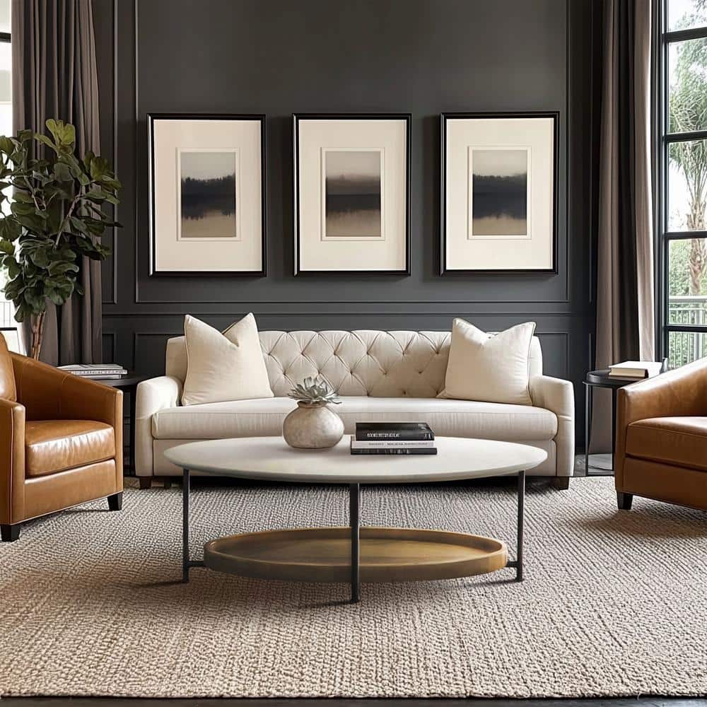 White and Natural Oval Wood Metal Coffee Table