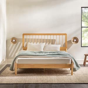 Mid-Century Modern Beige Solid Wood Frame Queen Platform Bed