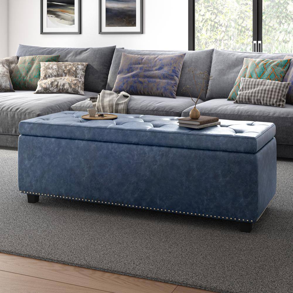 Hamilton Traditional Tufted Denim Blue Faux Leather Storage Footstool