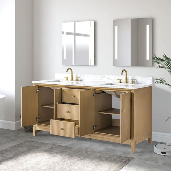 72 in. W x 34 in. H Double Sink Natural Oak Bath Vanity Cabinet with Arabescato White Engineered Marble Top