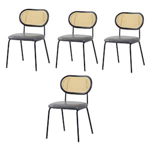 Modern Light Grey PU Faux Leather Upholstered Dining Chairs with Black Metal Legs PP and Rattan Back (Set of 4)