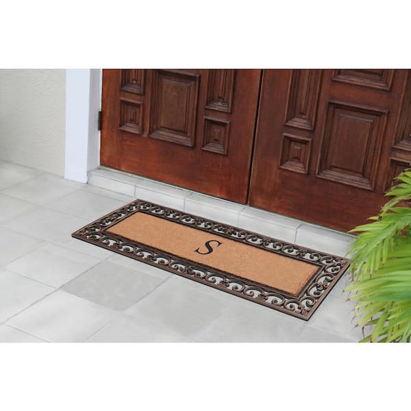 Paisley Border Bronze 17.71 in. x 47.25 in. Rubber and Coir Double Door Monogrammed S Door Mat
