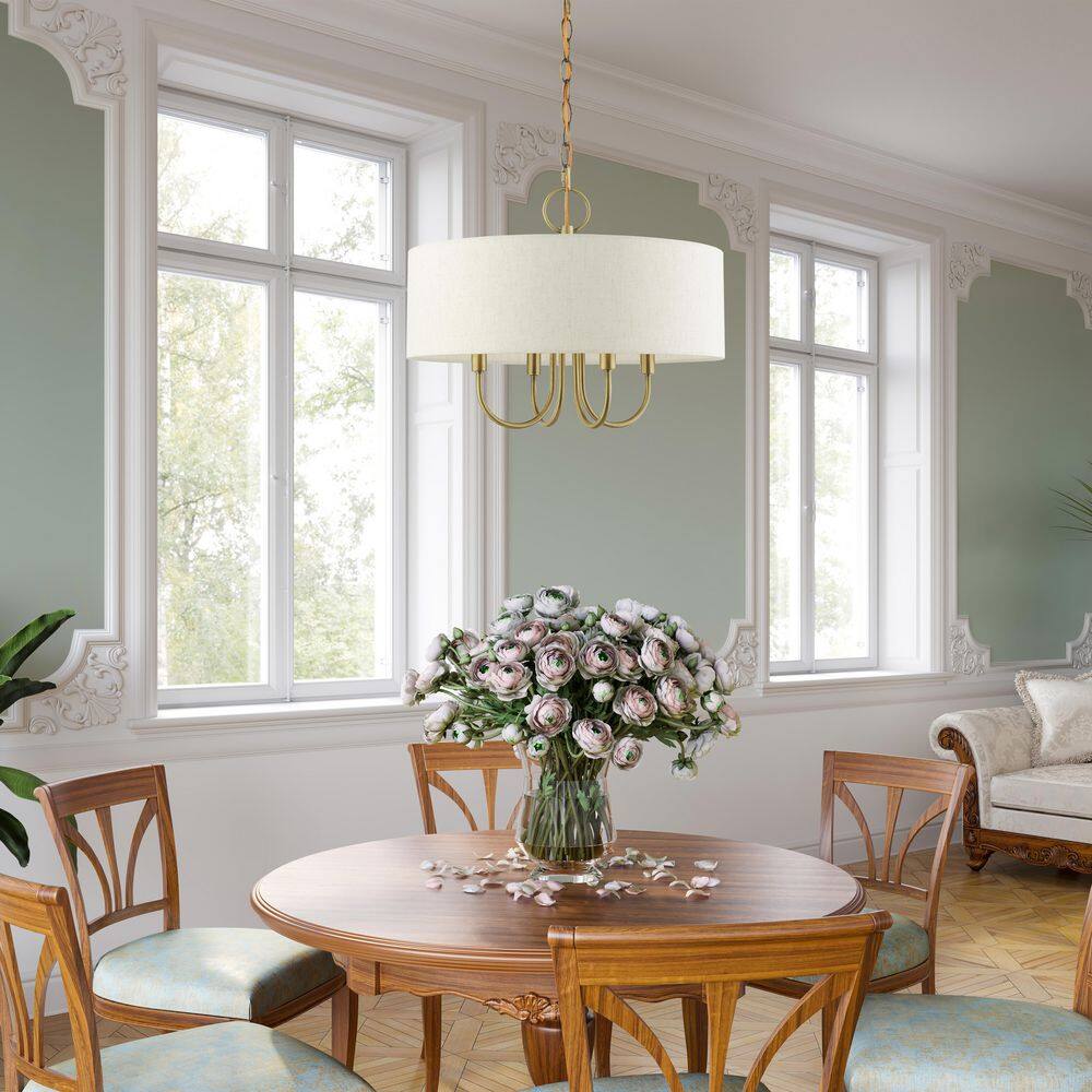 Elegant Antique Brass Drum Pendant Chandelier with Oatmeal Shade