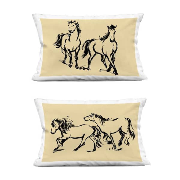 Gestured Horses in Motion Beige Print Zipper Polyester 14 in. x 20 in. Throw Pillow Set of 2