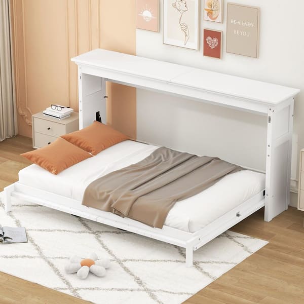 White Wood Frame Twin Size Murphy Bed, Folding Wall Bed with Wood Legs