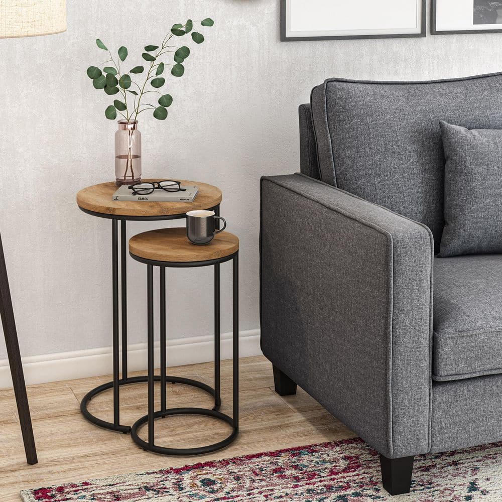 Elegant Round Light Brown Wood & Metal Nesting Side Tables