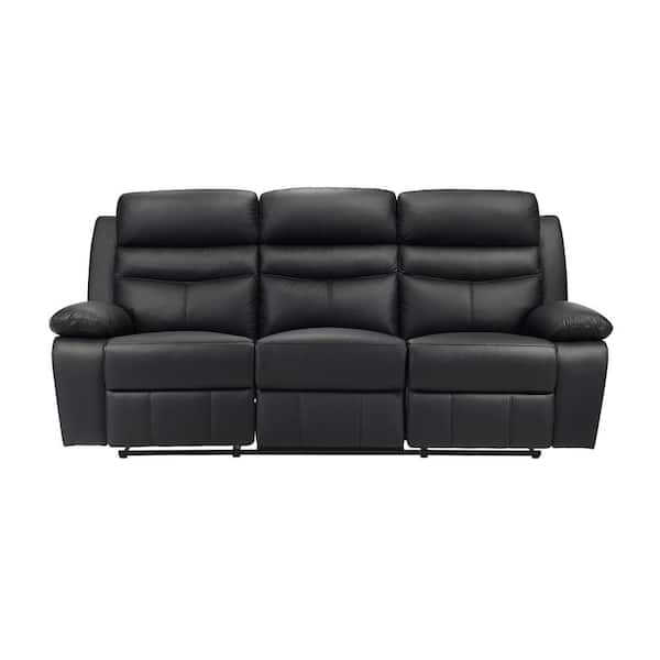 Edelia 86.5 in. W Pillow Arm Leather Rectangle Manual Double Reclining Sofa in Black