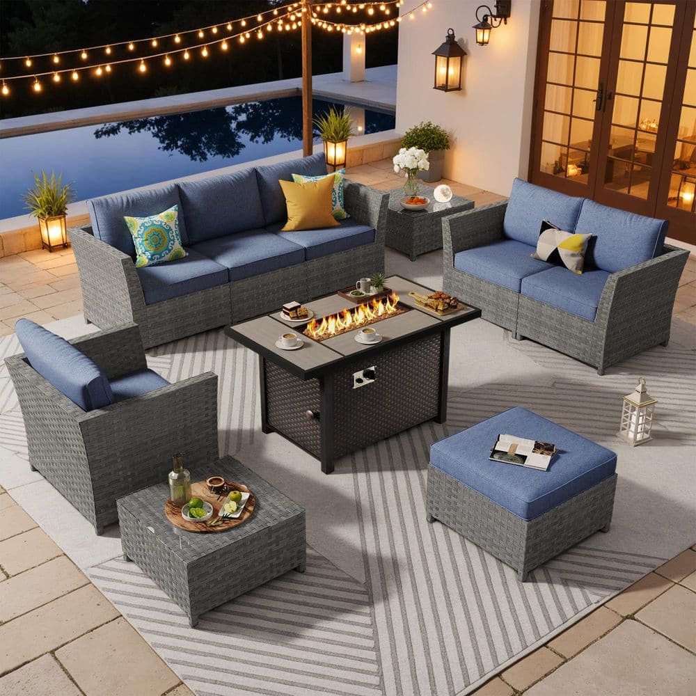 Alpenrose 10 Pieces Wicker Outdoor Patio Rectangular Fire Pit Set with Denim Blue Cushions price history on PriceWatchPro