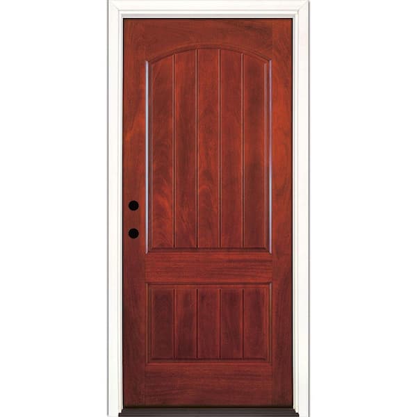 Feather River Doors 37.5 in. x 81.625 in. 2-Panel Plank Cherry Mahogany Stained Right-Hand Inswing Fiberglass Prehung Front Door