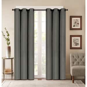 Embossed Gray Polyester Thermal 38 in. W x 63 in. L Grommet Blackout Curtain Panel (Set of 2)