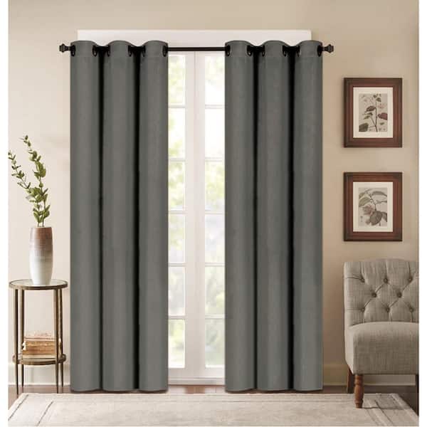 J&V TEXTILES Embossed Gray Polyester Thermal 76 in. W x 84 in. L Grommet Blackout Curtain Panel (2-Set)