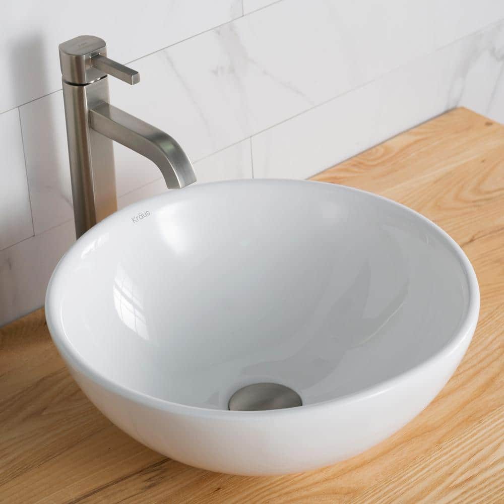 White Ceramic Round Vessel Sink with Satin Nickel Faucet