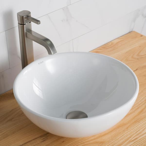 KRAUS White Porcelain Ceramic Round Bathroom Vessel Sink