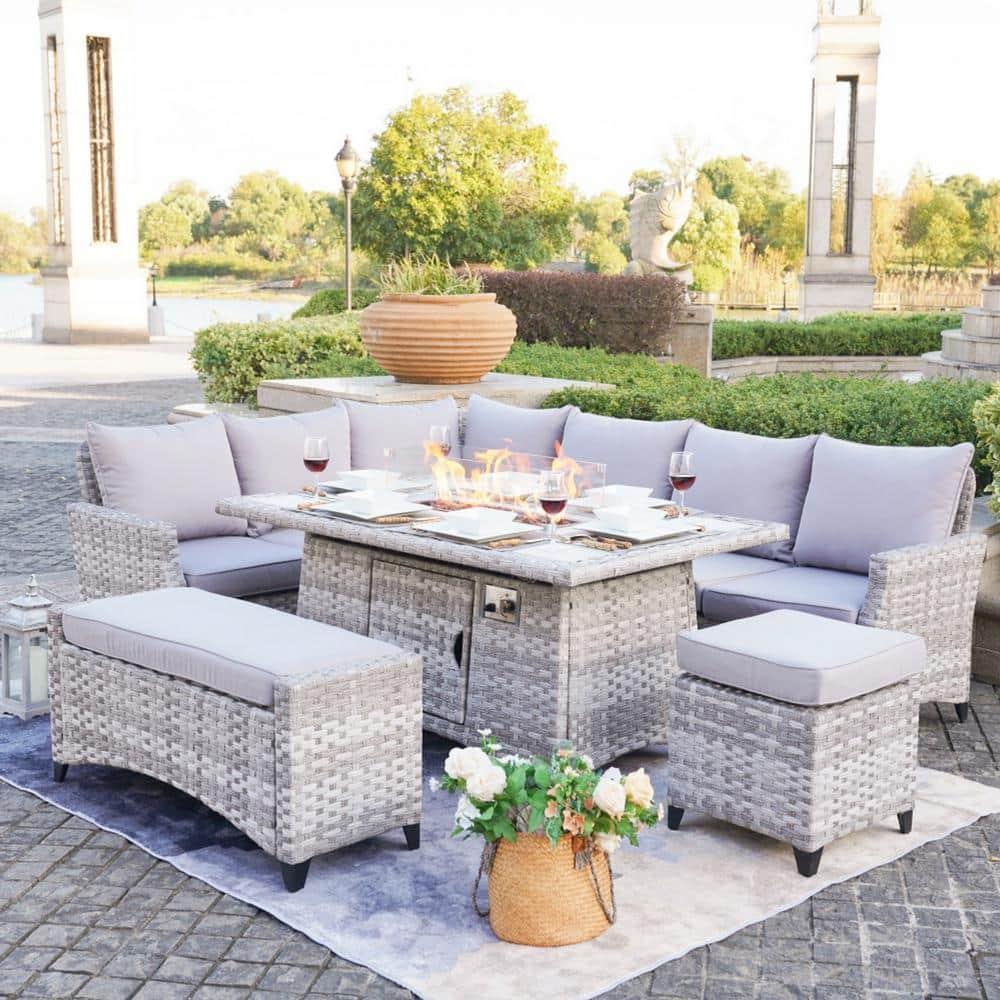 moda furnishings Hyde Gray 5-Pieces Wicker Patio Conversation Set with Gray Cushions