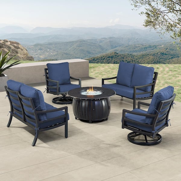Oakland Living Black 7-Piece Aluminum Patio Fire Pit with 2-Deep Seating Loveseat and 2-Club Chairs Blue Cushions