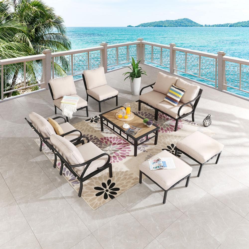 Patio Festival 9-Piece Metal Patio Conversation Set with Beige Cushions ...