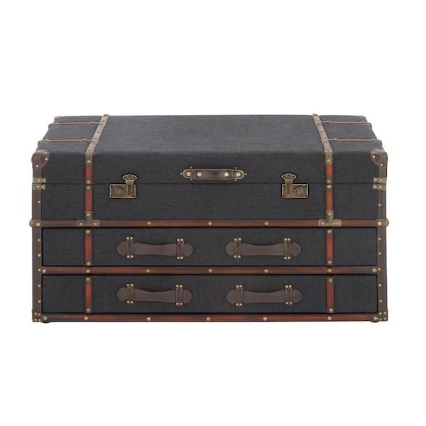 Litton Lane 40 in. Dark Blue Large Rectangle Linen Upholstered Trunk 2 Drawer Coffee Table with Buckle Hinged Top