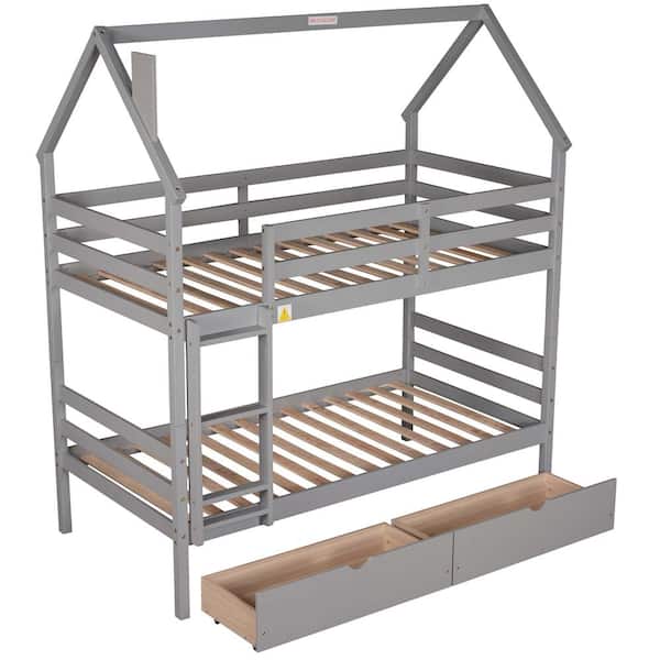 ANBAZAR Gray Twin Over Twin House Bunk Bed with Two Drawers and Chimney Design
