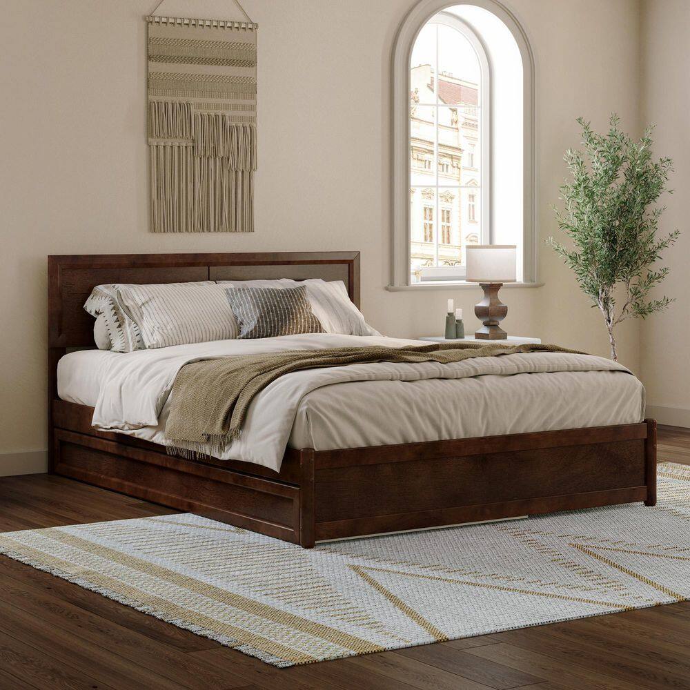 Lylah Queen Walnut Wood Platform Bed with Trundle