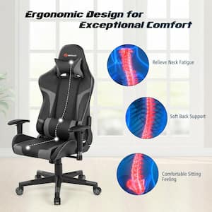 Gray Faux Leather Game Chair with Adjustable Arms and Massage Lumbar Cushion