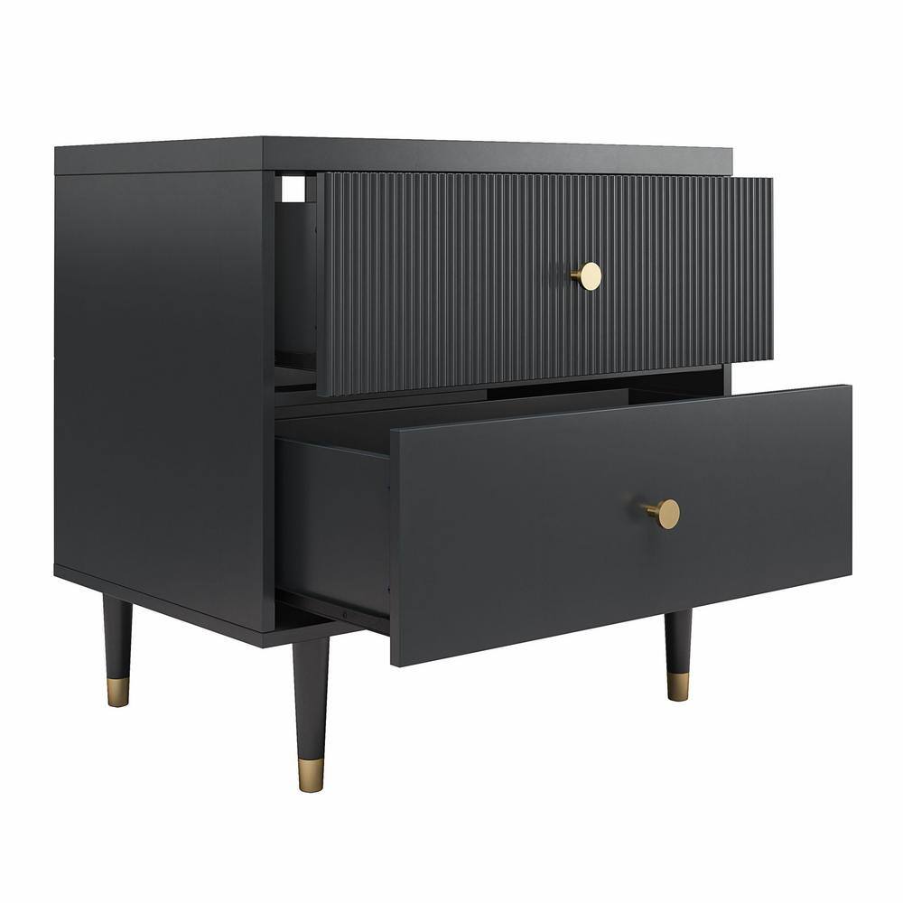 Black MDF Nightstand with Brass Handles and Ribbed Drawer
