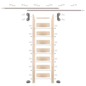 8.06 ft. Maple Library Ladder (9 ft. Reach) Satin Nickel Hook Hardware 12 ft. Rail and Horizontal Brackets